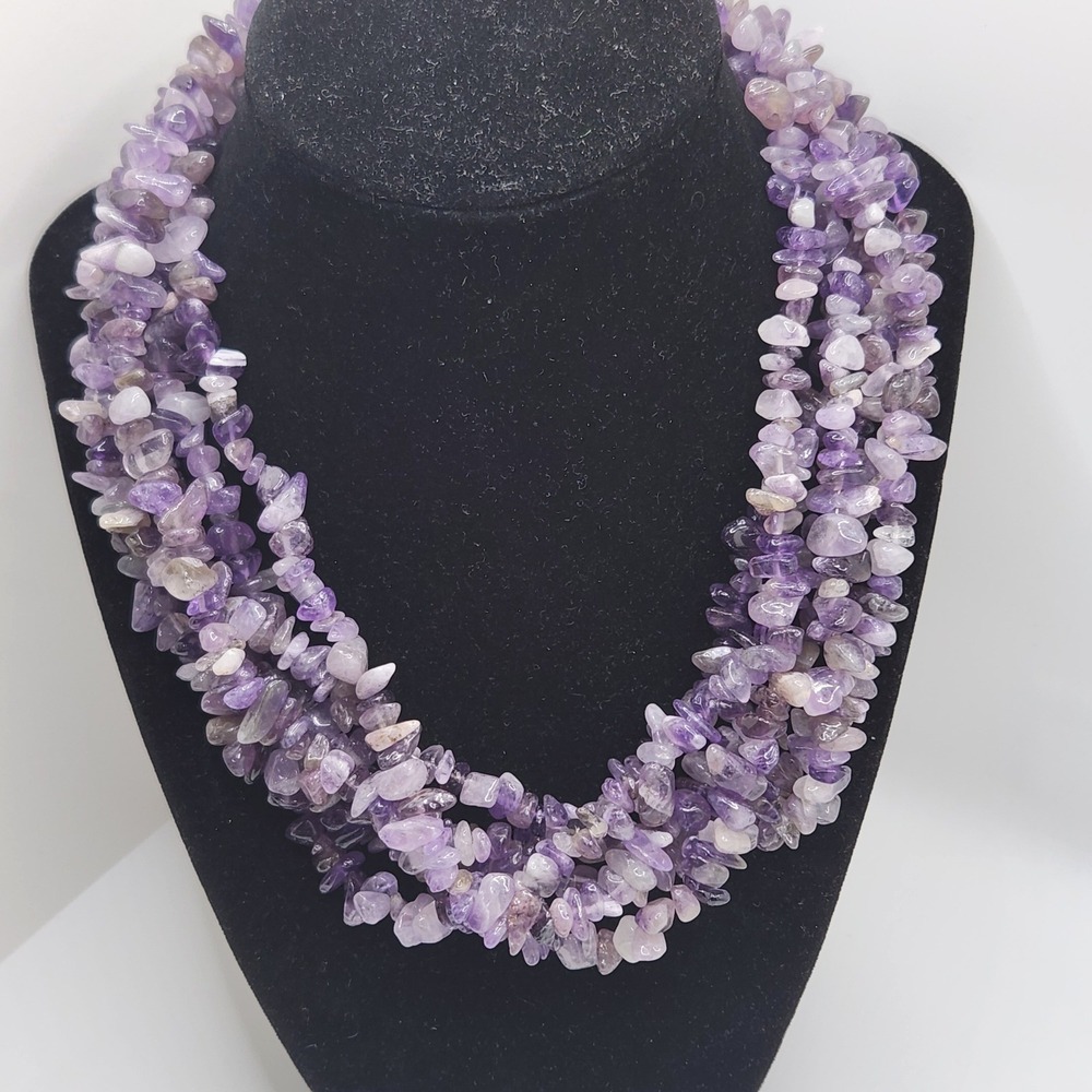 Amethyst Gemstone‎ Chip Multi Strand Statement Necklace Purple Silver Tone 16in